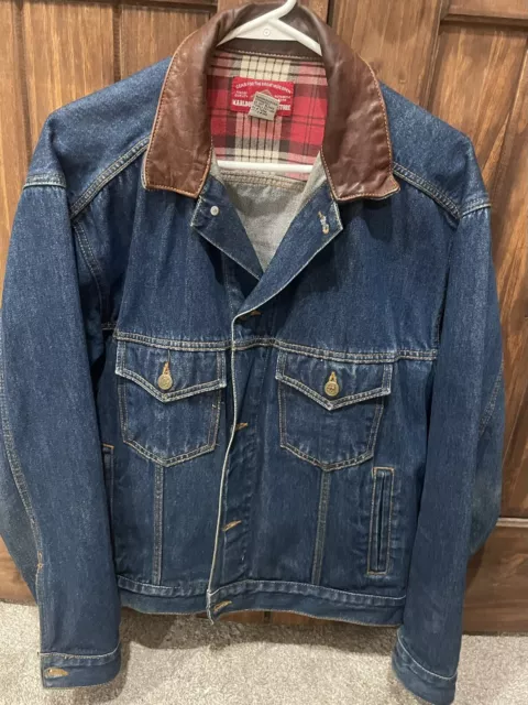 Vintage Marlboro Denim Trucker Jacket Mens Sz Small Country Store Leather Collar