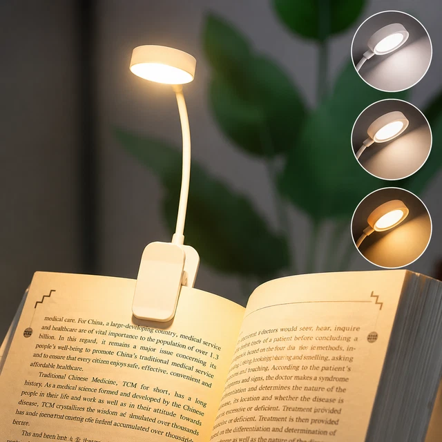 BOOK LIGHT LED Clip On Portable Reading Lamp 3 Colour Dimmable Desk ...