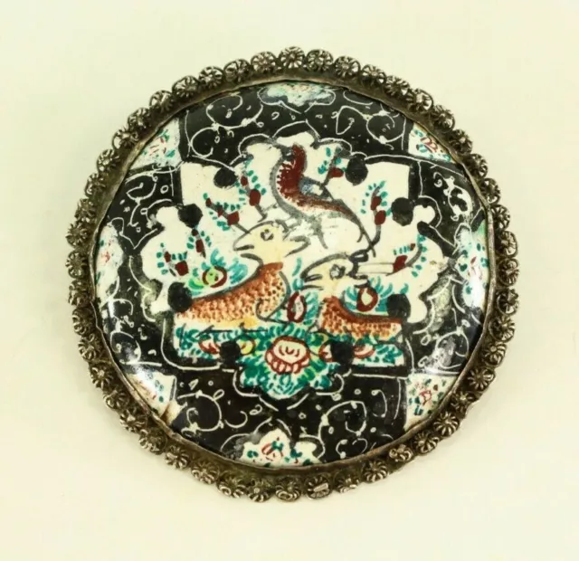 = Antique c. 1900 MINAKARI Mina Enamel & Silver Brooch Pin w. Bird & Lambs