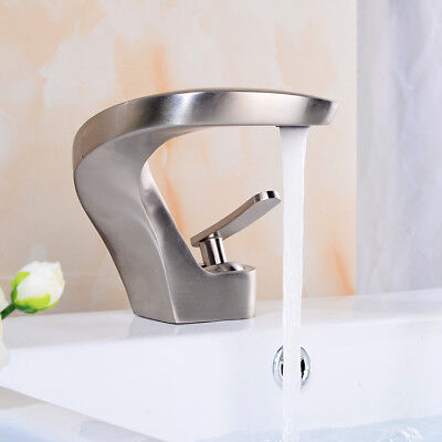 Bathroom Faucet Single Hole&Handle Brushed Nickel Waterfall Deck Mount Mixer Tap