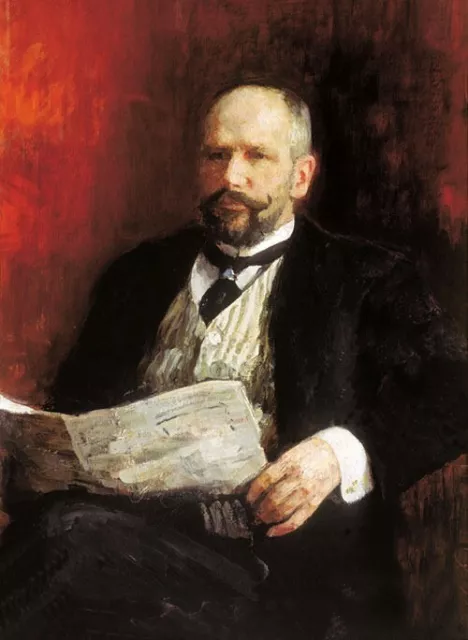 Nice Oil painting REPIN ILIYA EFIMOVICH - Portrait Old man Stolypin & Newspaper