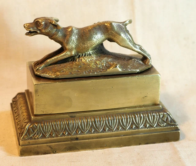 Encrier Antique Bronze 19ème Siècle - Enfant Et Son Chien - Boîte à Encrier - Objet De Collection