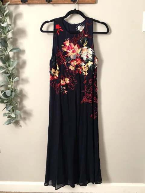 Fab! Anthropologie Tanzine Flower Embroidered Midi Sleeveless Dress Sz 10 Navy