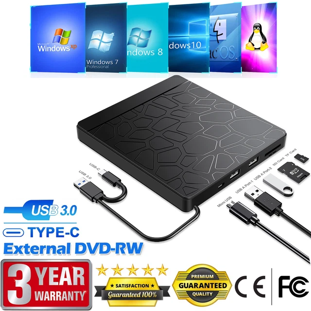 External DVD Drive USB 3.0 Type-C CD-RW Burner Writer Reader for Laptop MacBook