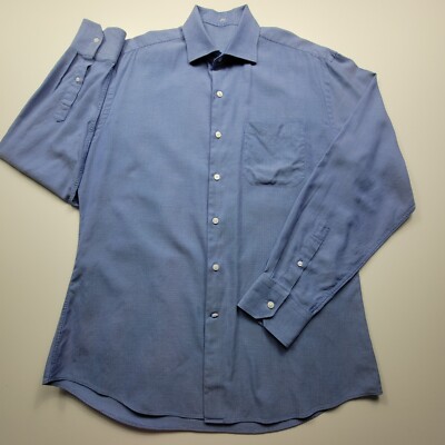 J Hilburn Tessitura Monti Mens Button Up Shirt Large Blue Long Sleeve Pocket LG