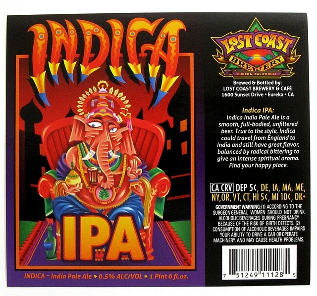 Lost Coast Brewery INDICA IPA beer label CA 22oz label Var. #4