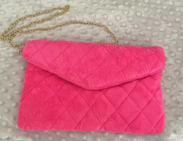 NWT Hello 3am Womens Purse Hot Pink Faux Fur  Gold Chain