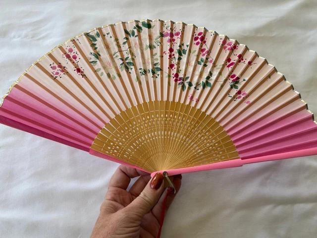 Vintage Oriental Pink Hand Fan with Red Tassel