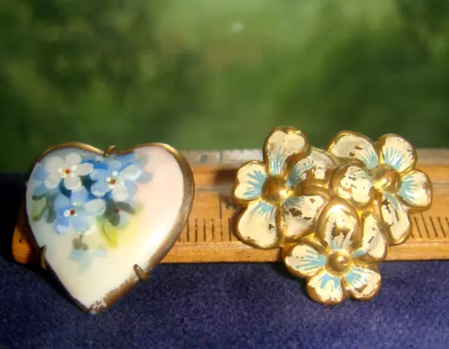 vtg LOT 1" heart shape brass enamel BROOCH painted metal PIN lapel hat dress