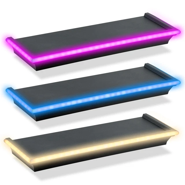 BLACK FLOATING SHELVES LED Neon Light Wall Mounted Gaming Bedroom ...