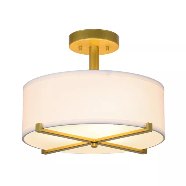 Modern Semi Flush Mount Ceiling Light Fixture with White Drum Fabric Shade Gold