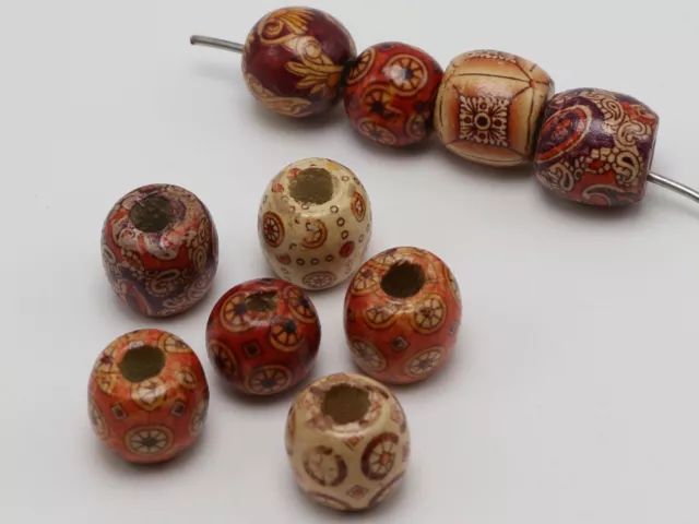50 Assorted Patterned Big Barrel Wood Beads 16mm with Big Hole~Wooden Beads