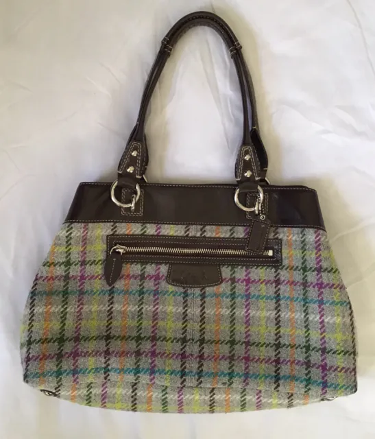 Coach Penelope Tattersall Colorful Plaid Wool & Patent Leather Trim Tote Purse