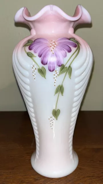 Fenton Glass Rosaline Limited edition hand Painted Feather Vase