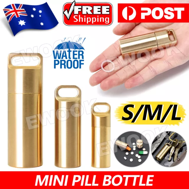 Waterproof Pill Box Case Bottle Brass Container Keyring Medicine Capsule Holder
