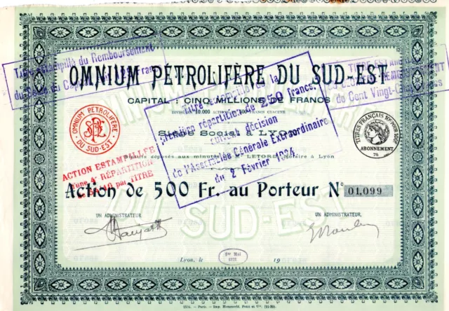Action Au Porteur Omnium Petrolifere Du Sud Est 1921