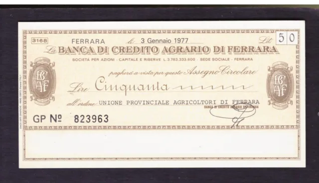Miniassegno Banca Credito Agrario di Ferrara Unione Agricoltori 50 L 3-1-1977