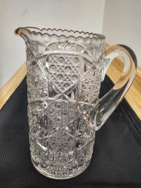 Vtg. pressed glass; clear, large pitcher w/applied handle.