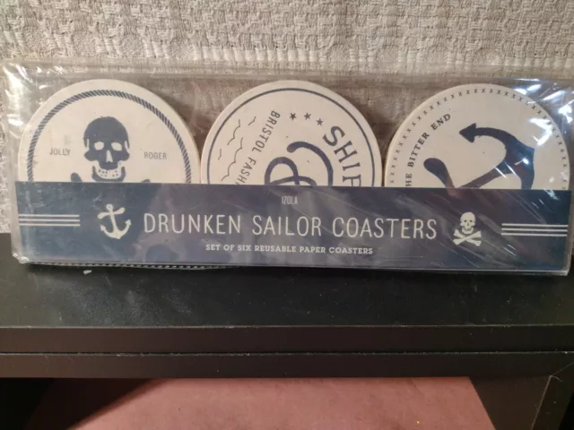 Izola Drunken Sailor ( Pirate?) Reusable Paper Coasters Set of Six New