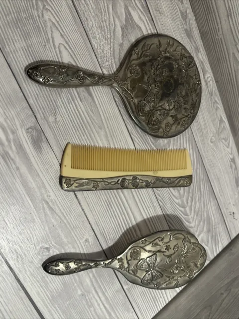 Vintage Antique Silver Plated Handheld Mirror Brush and Comb Set Vanity Antique