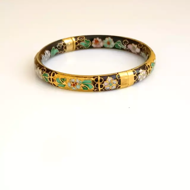 Vintage Cloisonne Hinged Bracelet Black Gold Blue Floral Hinged Enamel Bangle