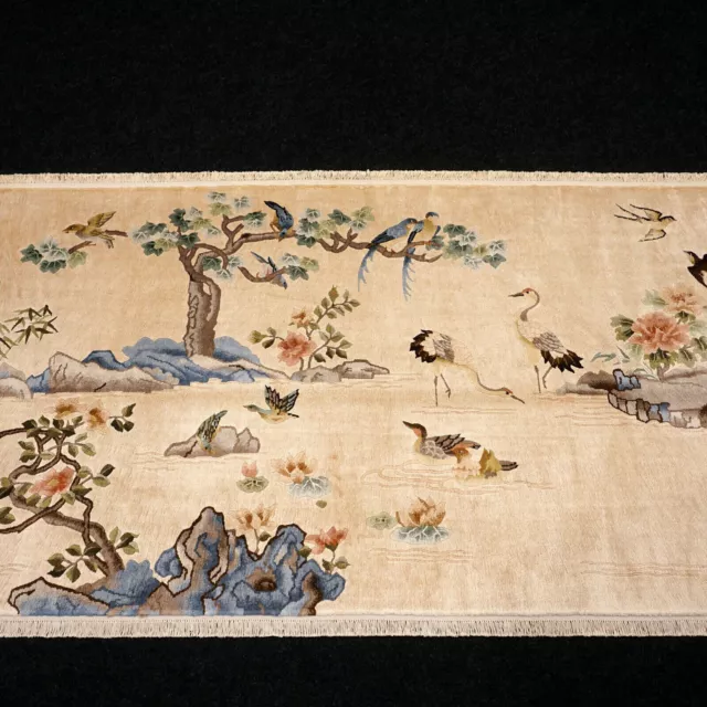 Seidenteppich China 185 x 95 cm Seide Beige Bild Orient Teppich Vogelmotive Rug