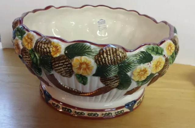 Bella Casa by Ganz BC8523 Serving Bowl Holiday Pinecone Floral Red Ribbon NWT