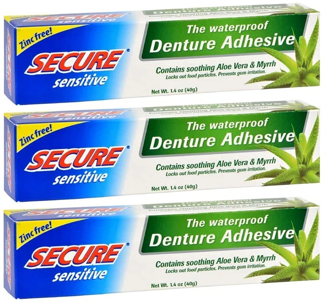 Secure Sensitive Gums Waterproof Denture Adhesive Zinc Free with Aloe Vera & Myr