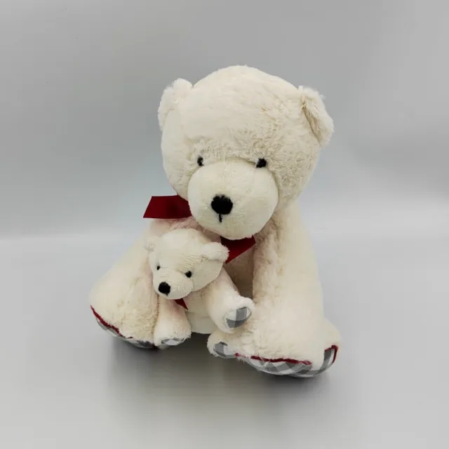Doudou peluche ours blanc rouge gris carreaux JACADI - 30388