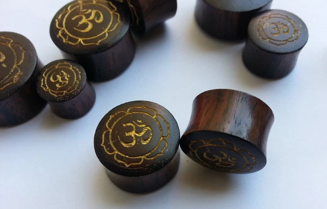Pair Gold Printed Hindu Om Lotus Coconut Shell Inlay Sono Wood Saddle Ear Plugs