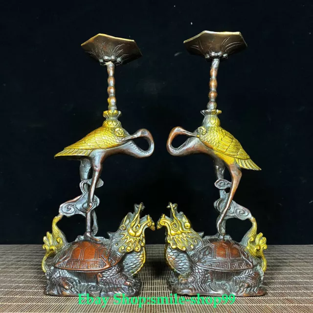 9"Old China Pure Bronze Gild Dragon turtle Crane Candle Holder Candlestick Pair