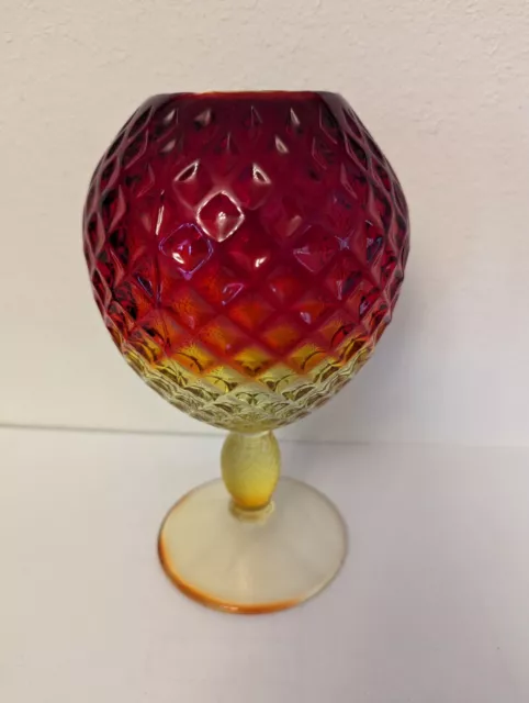 Vtg Viking Glass Gold to Red Diamond Optic Yesteryear Line 8" Ivy Ball Vase VGC