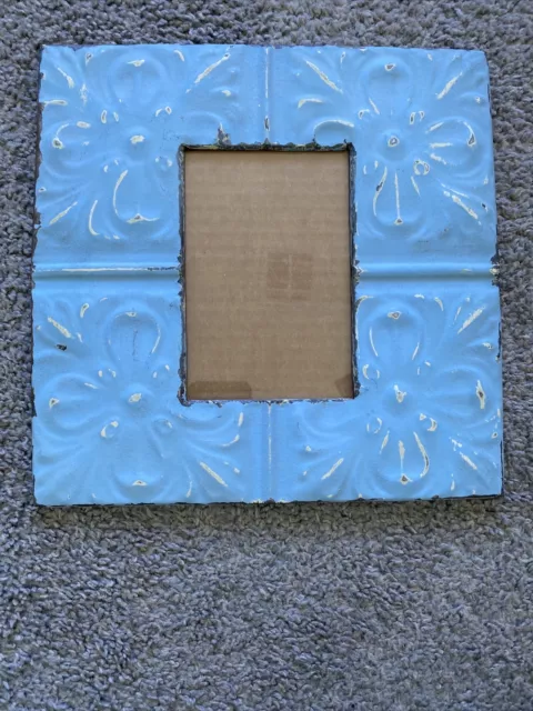 Antique Repurposed Tin Ceiling Metal 11x11 Blue Wall Picture Frame Recycled