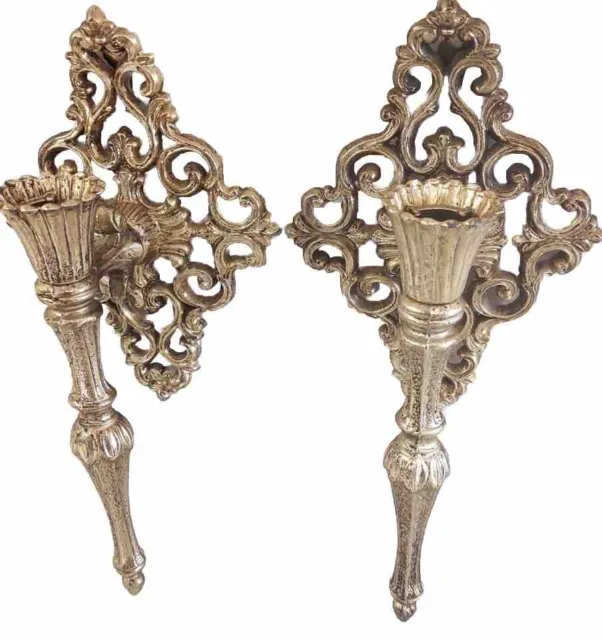 Pair Hollywood Regency Vtg Ornate Brass Wall Mounted Sconces Candlestick Holders