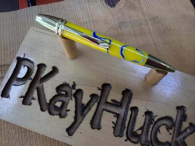 Hand Turned Polaris Style Twist Pen Yellow & Blue Swirl Acrylic W/ Gold Fittings