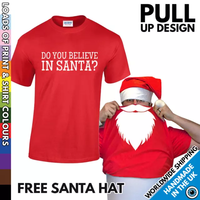 Kids Pull Up Santa Christmas Tshirt & Hat - Xmas Funny T Shirt Boys & Girls New