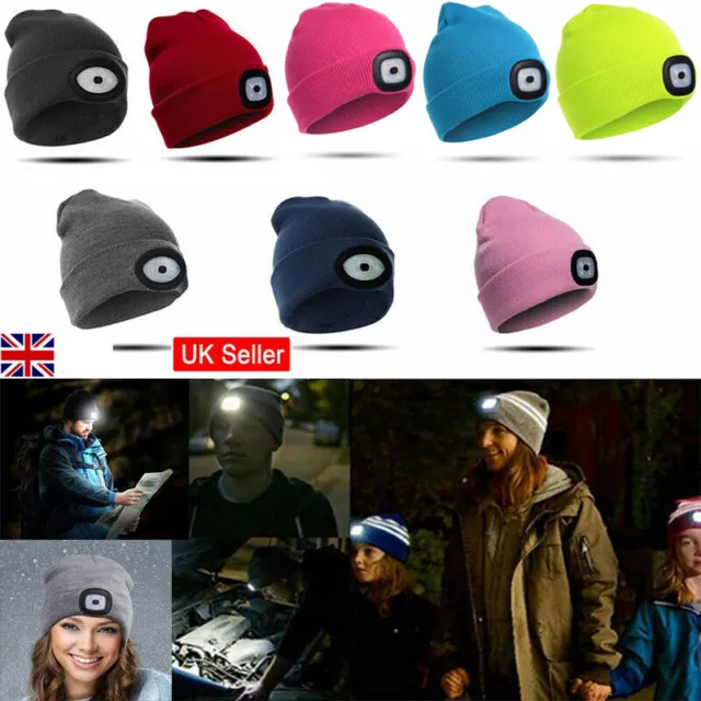 UK LED Beanie Hat Head Torch Light Camping Walking Cycling Winter Warm Knitted