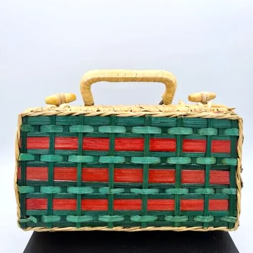 Wicker Basket case with lid Mexican? toggle closures in red, green 20x11x8.5cm