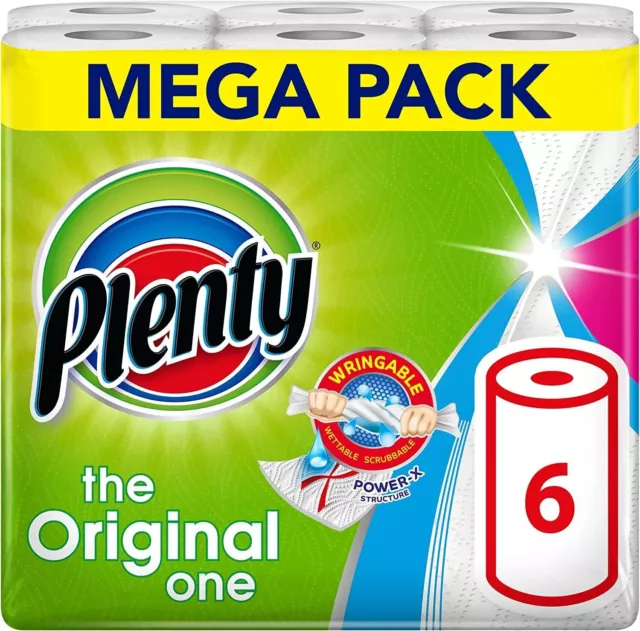 PLENTY Kitchen Towel, 6 White Rolls, 600 Sheets of Kitchen Roll, 2-Ply Tissue UK