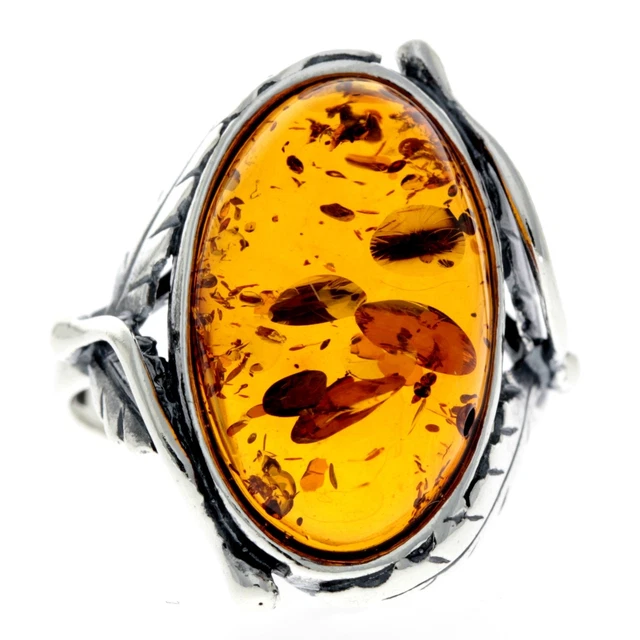 Bague Art Déco En Argent Avec Cabochon D'ambre De La Baltique - Taille 54, Pierre Orange 20x12mm - Occasion, Russie - Pièce Unique !