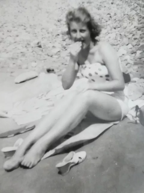 1949 Vintage Photograph Leggy Woman on Beach; Bathing Suit (1613) Social History