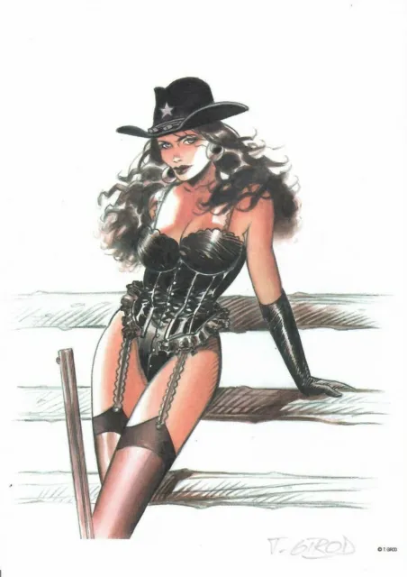 WESTERN COW GIRL SEXY PIN UP in DESSOUS stetson WILD WEST EX LIBRIS signiert GIROD