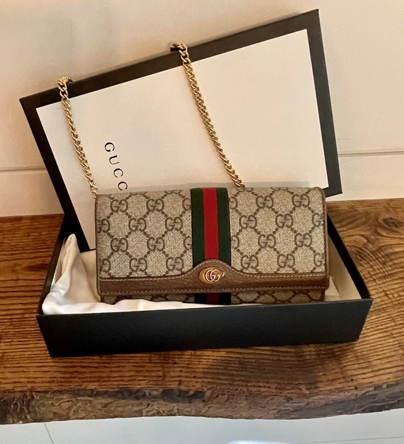 NWT Gucci Ophidia Chain Wallet in GG Supreme & GG Logo & Brown Leather Trim