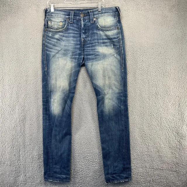 True Religion Jeans Mens 31 Blue Denim Straight Leg Dark Fits 35x32.5 Distressed