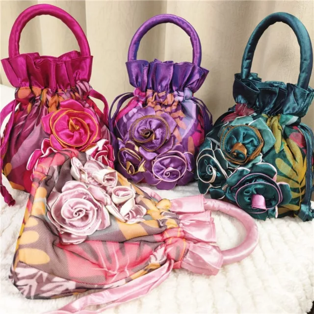 SATIN SILK ROSE Flower Handbag Retro Hanfu Bag Drawstring Bucket Bag ...