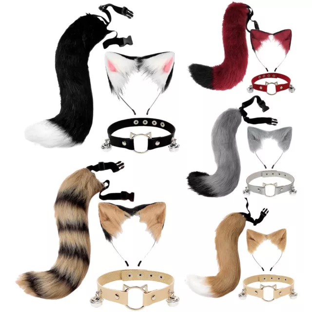 Womens Cosplay Faux Fur Fox Wolf Ears Headband and Furry Long Tail Girl Costume