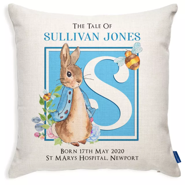 Personalised Christening Rabbit Cushion New Baby Boy Pillow Cover Gift PR01