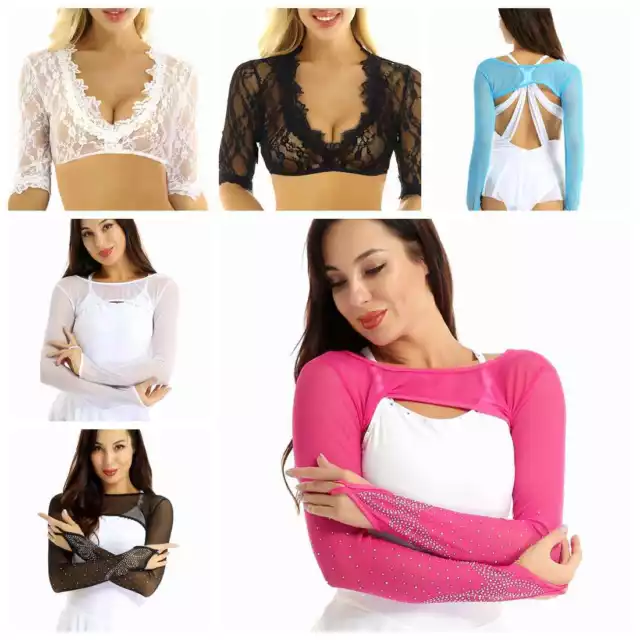 Women Ballet Dance Crop Top Long Sleeve Mesh Rhinestones T-shirt Ballroom SHrugs