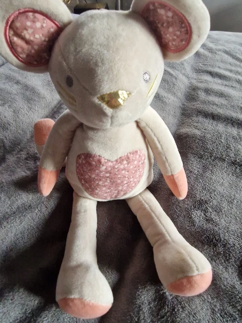 Doudou Peluche Atmosphera Souris Beige Rose Coeur Fleur Nez Dore 36 Cm Neuf