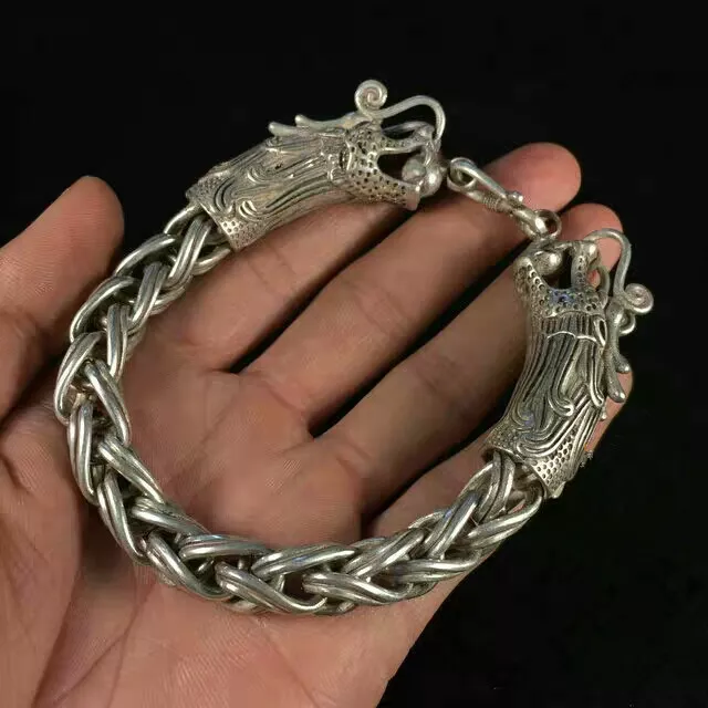 Rare China Handwork Old Tibet Silver Dragon Bracelet Exquisite Collectible N3